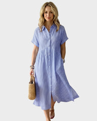 Striped Cotton Button-Front Midi Shirt Dress