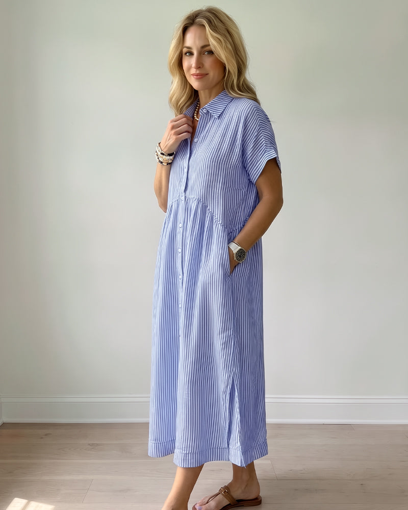Striped Cotton Button-Front Midi Shirt Dress