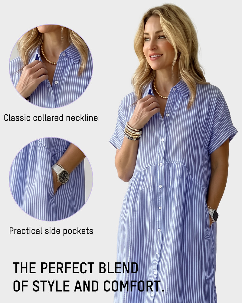 Striped Cotton Button-Front Midi Shirt Dress