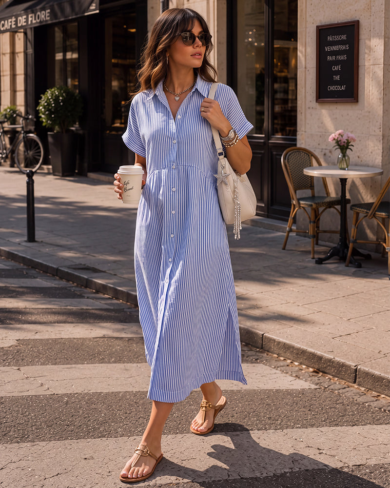 Striped Cotton Button-Front Midi Shirt Dress