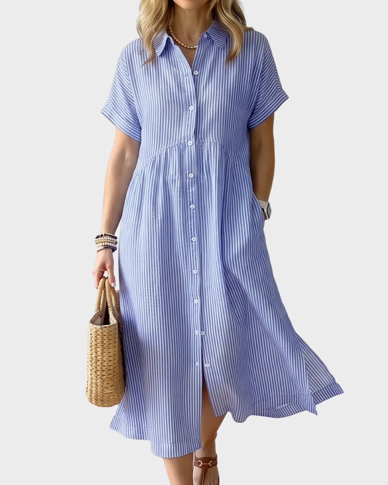 Striped Cotton Button-Front Midi Shirt Dress