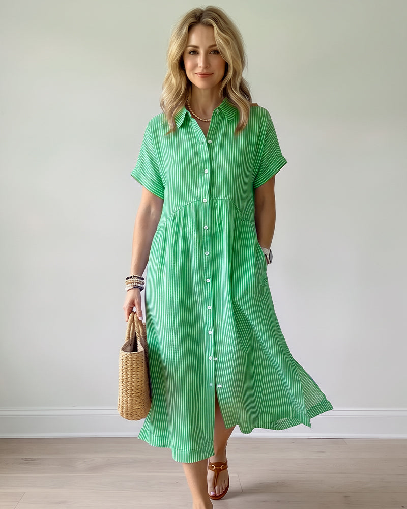 Striped Cotton Button-Front Midi Shirt Dress