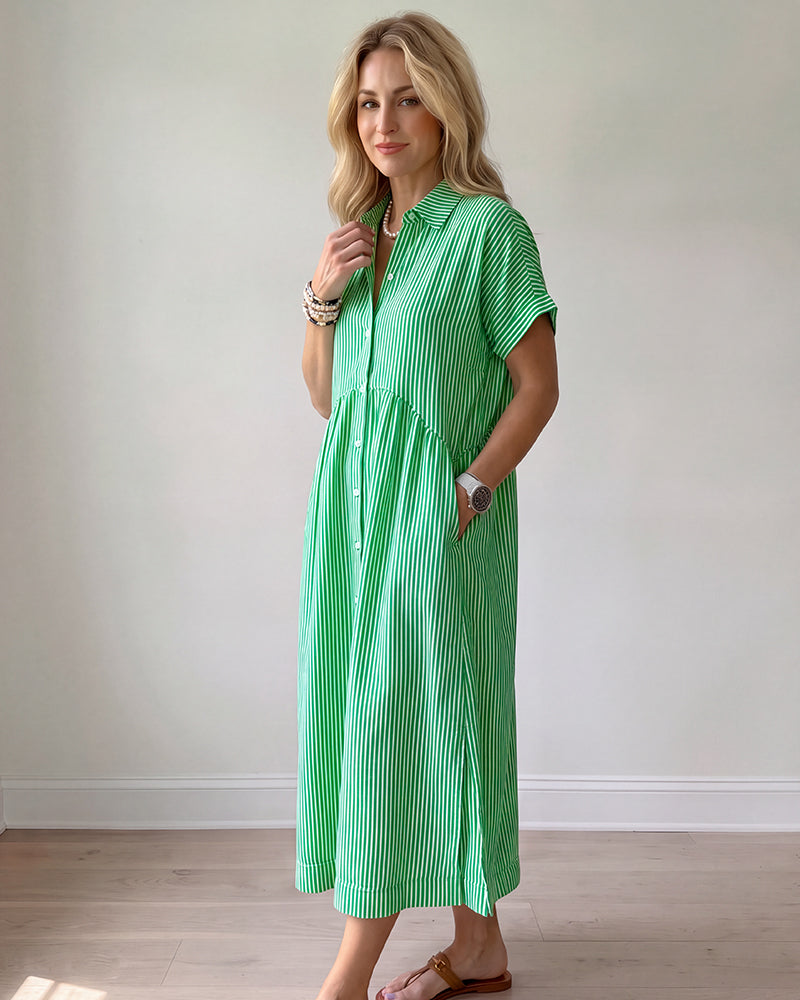 Striped Cotton Button-Front Midi Shirt Dress