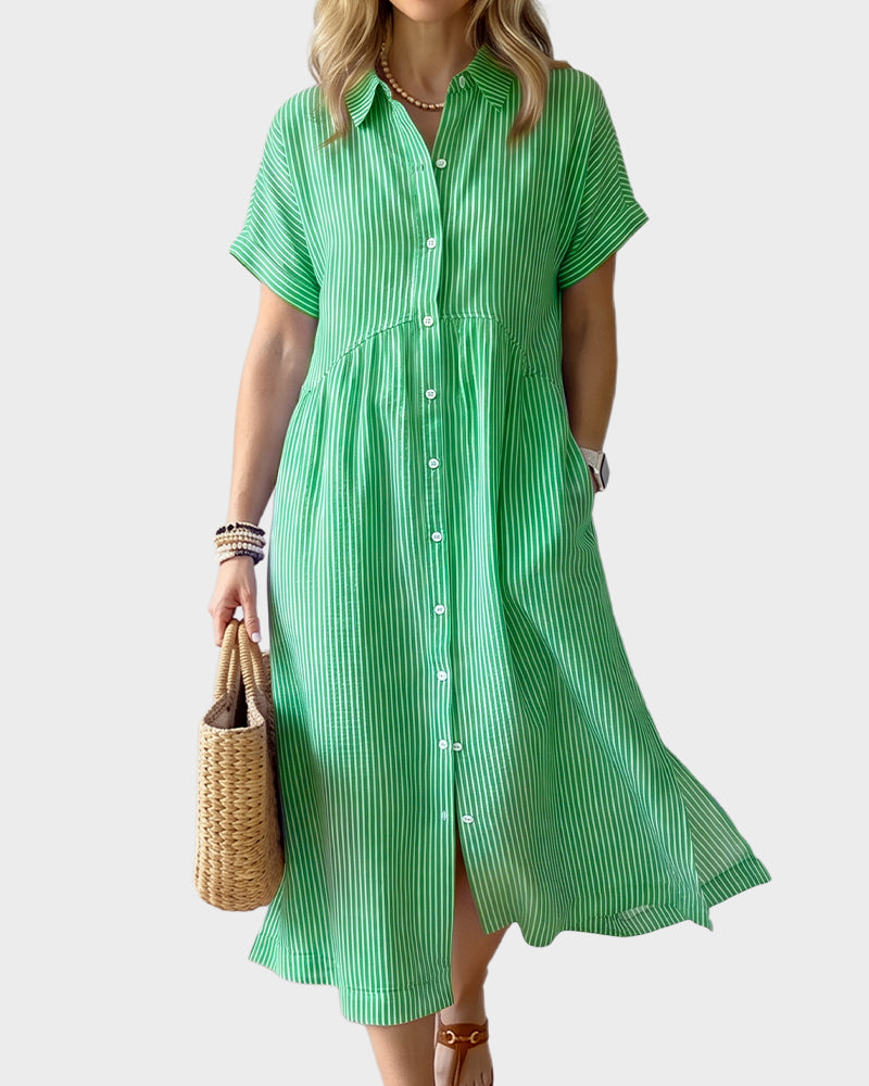 Striped Cotton Button-Front Midi Shirt Dress