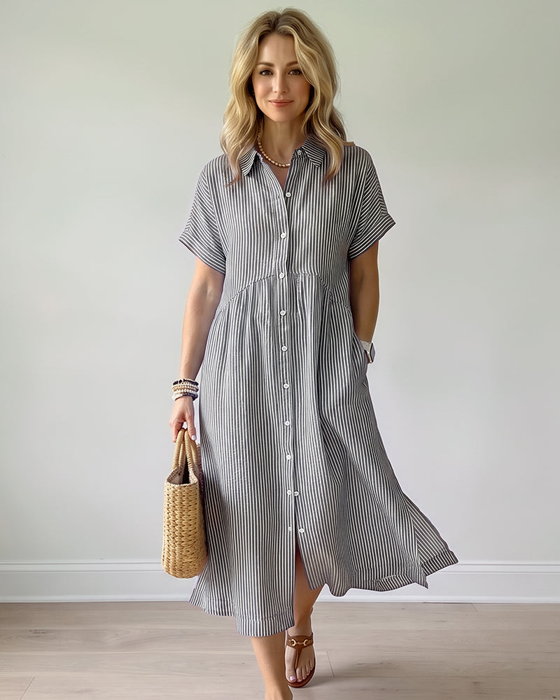 Striped Cotton Button-Front Midi Shirt Dress