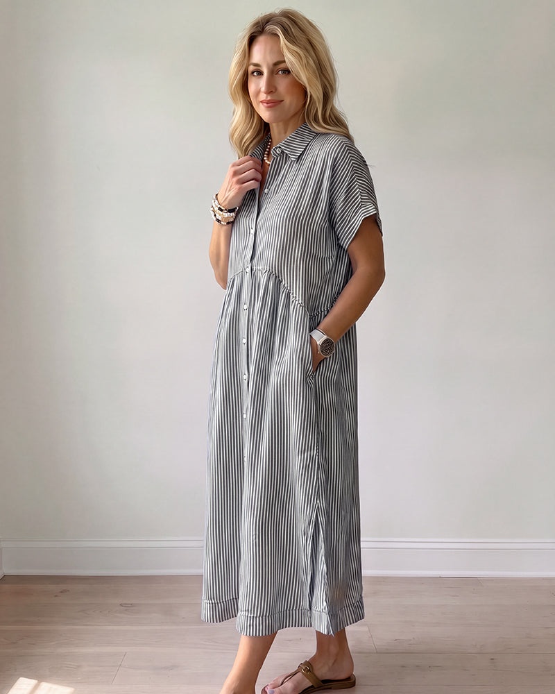 Striped Cotton Button-Front Midi Shirt Dress