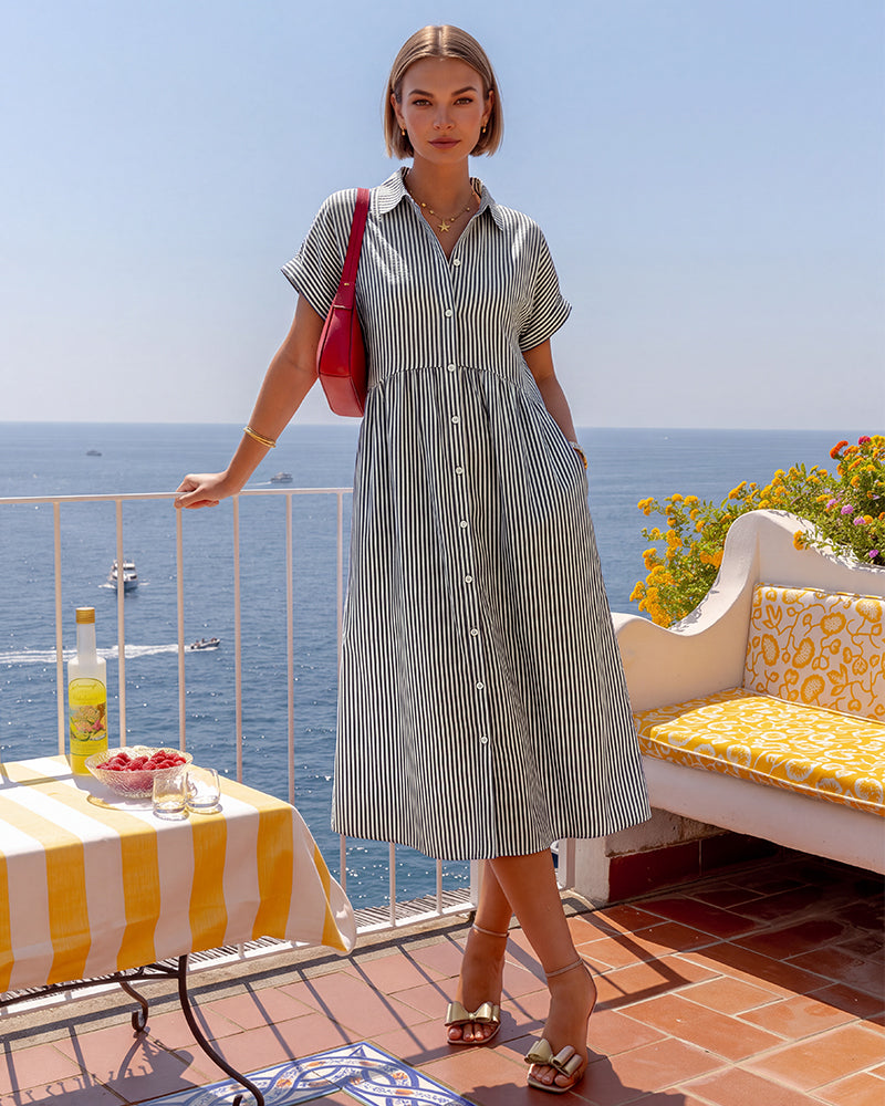 Striped Cotton Button-Front Midi Shirt Dress