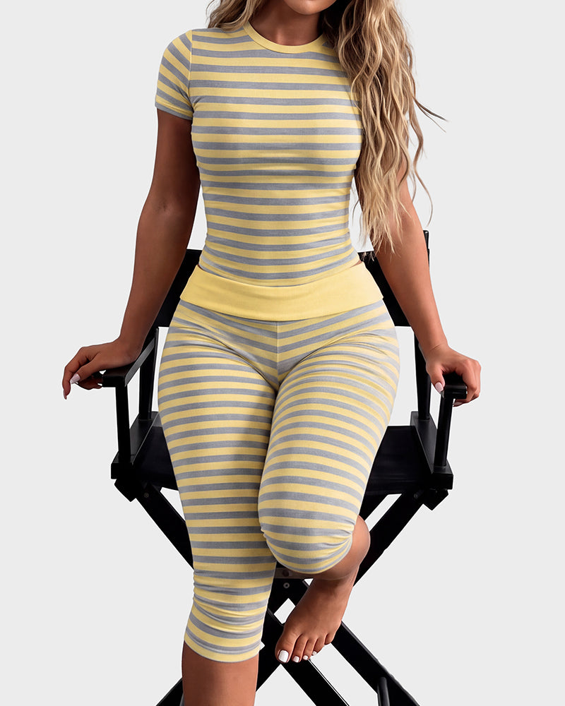 Striped Crop Top & Capri Leggings Set