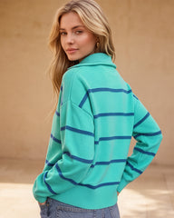 Striped Drop-Shoulder Quarter-Zip Knit Sweater