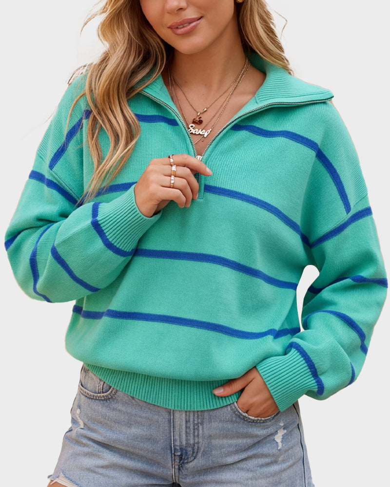 Striped Drop-Shoulder Quarter-Zip Knit Sweater