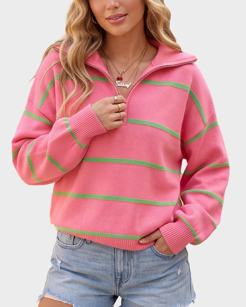 Striped Drop-Shoulder Quarter-Zip Knit Sweater