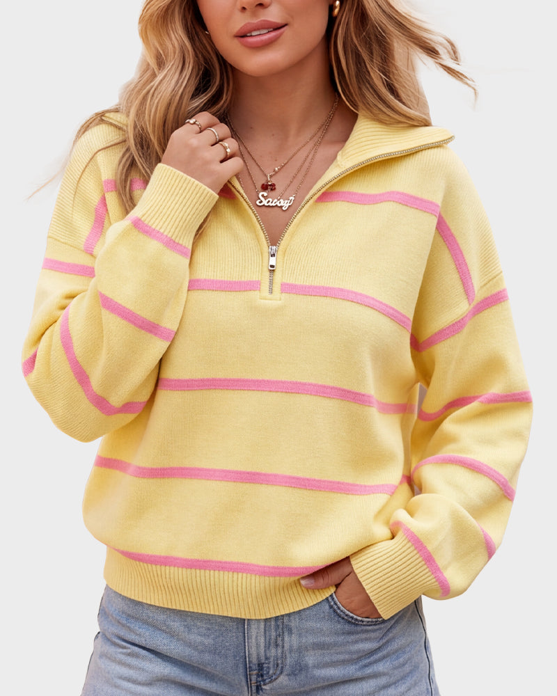 Striped Drop-Shoulder Quarter-Zip Knit Sweater