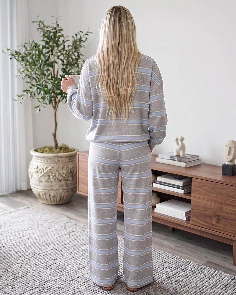 Striped Mock Neck Drop-Shoulder Two-Piece Set