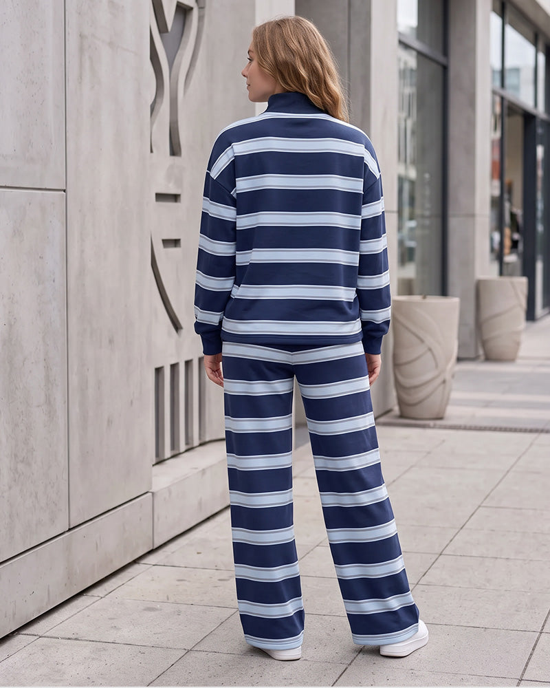Striped Mock Neck Drop-Shoulder Two-Piece Set