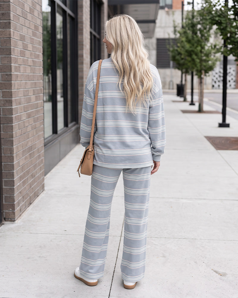 Striped Mock Neck Drop-Shoulder Two-Piece Set