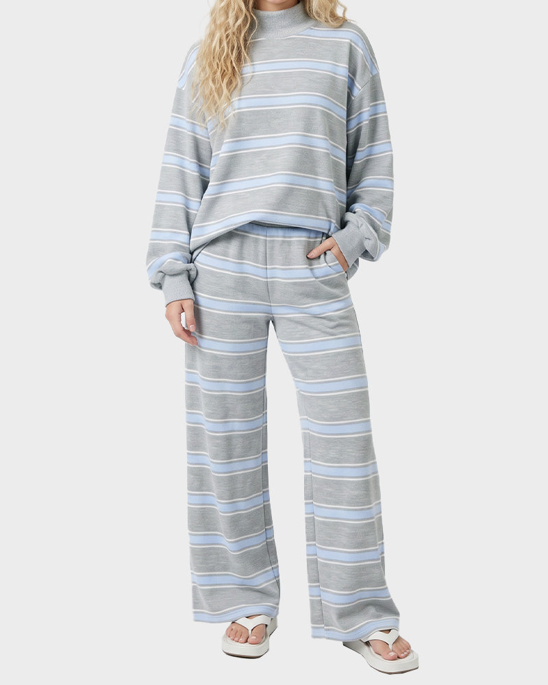Striped Mock Neck Drop-Shoulder Two-Piece Set