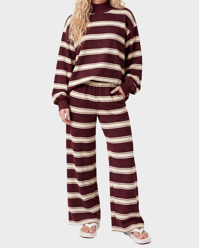 Striped Mock Neck Drop-Shoulder Two-Piece Set