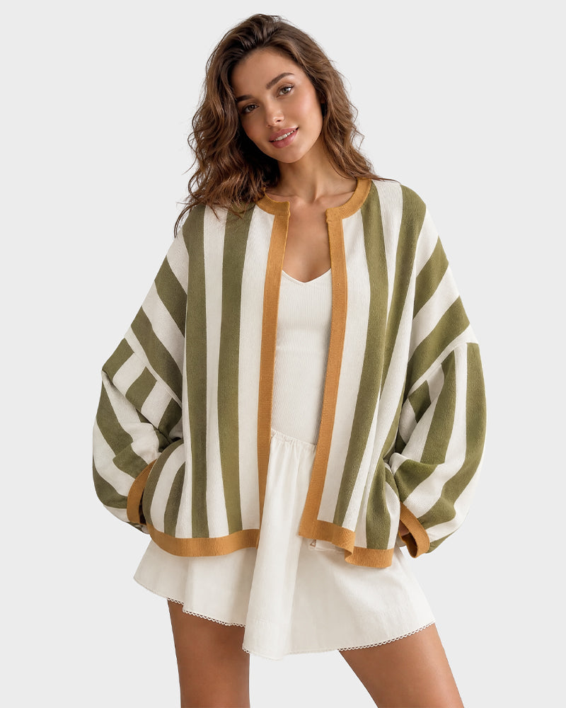 Striped Open-Front Knit Cardigan with Balloon Sleeves