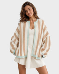 Striped Open-Front Knit Cardigan with Balloon Sleeves