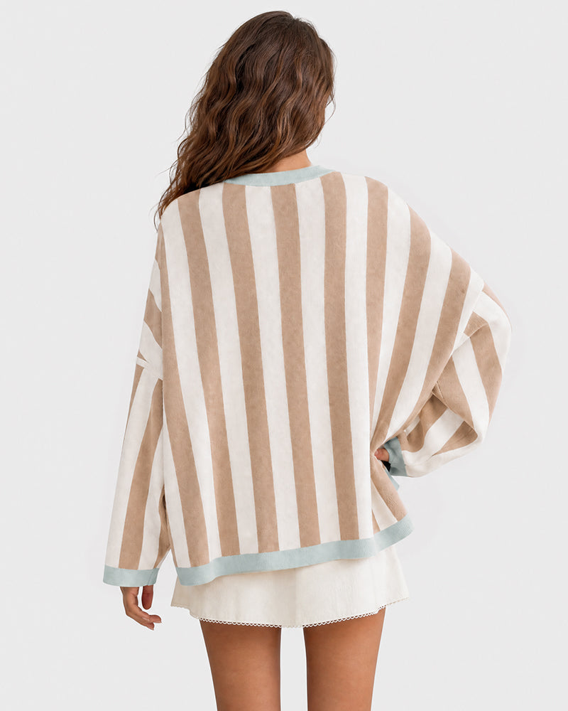 Striped Open-Front Knit Cardigan with Balloon Sleeves