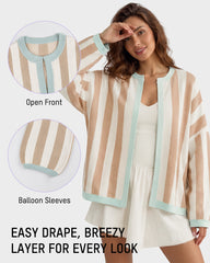 Striped Open-Front Knit Cardigan with Balloon Sleeves