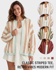 Striped Open-Front Knit Cardigan with Balloon Sleeves
