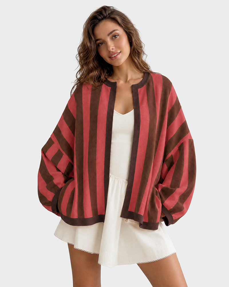 Striped Open-Front Knit Cardigan with Balloon Sleeves