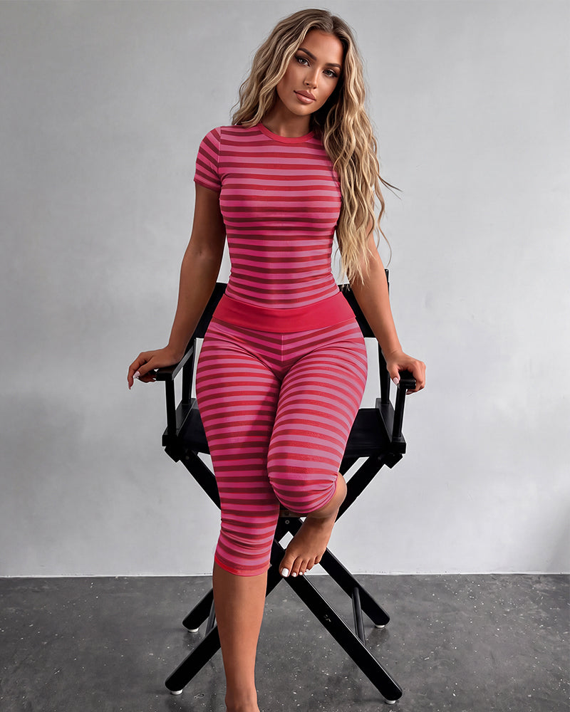 Striped Crop Top & Capri Leggings Set