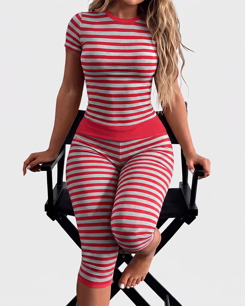 Striped Crop Top & Capri Leggings Set