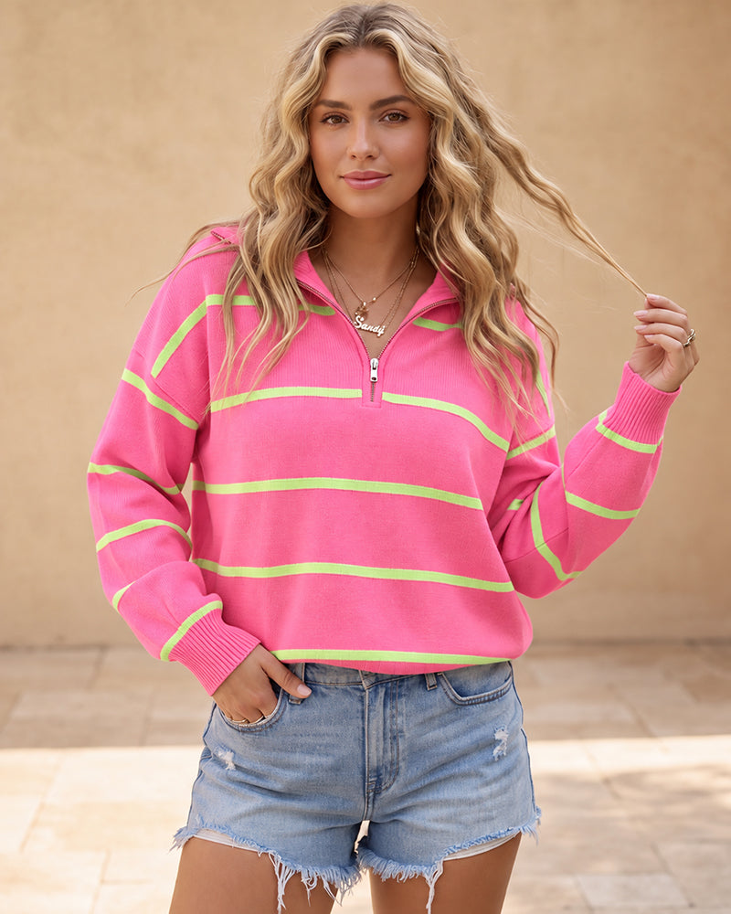 Striped Drop-Shoulder Quarter-Zip Knit Sweater