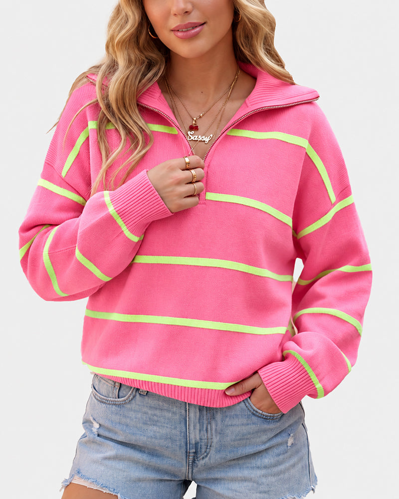Striped Drop-Shoulder Quarter-Zip Knit Sweater