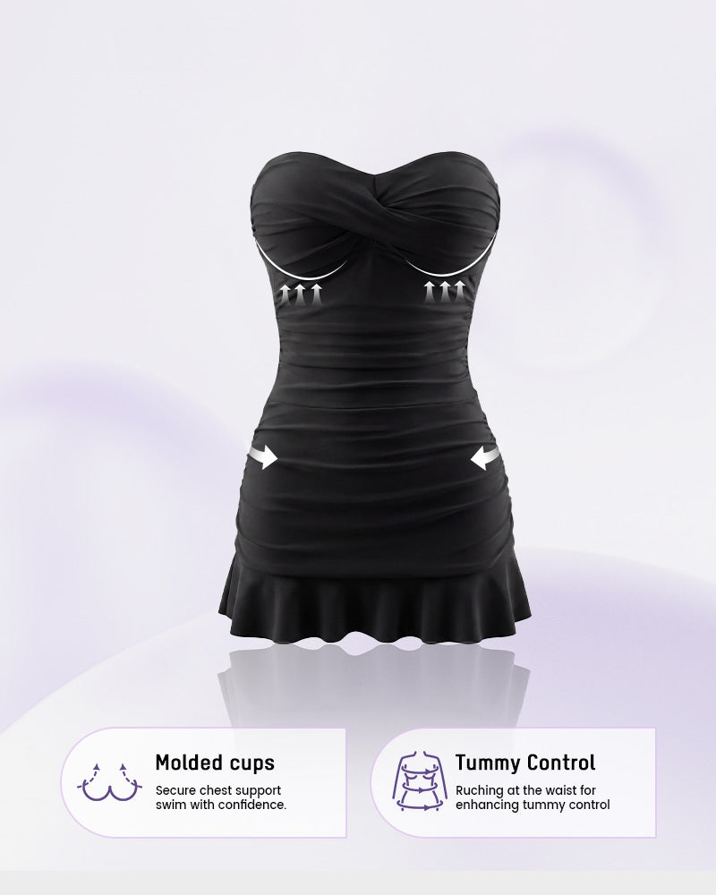 Tummy Control Strapless Skirted One Piece Swimsuit