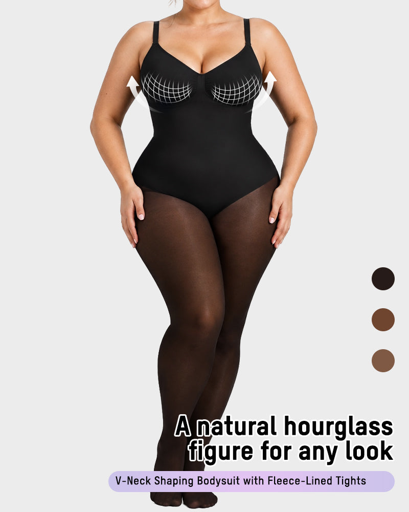 V-Neck Shaping Bodysuit with Fleece-Lined Tights