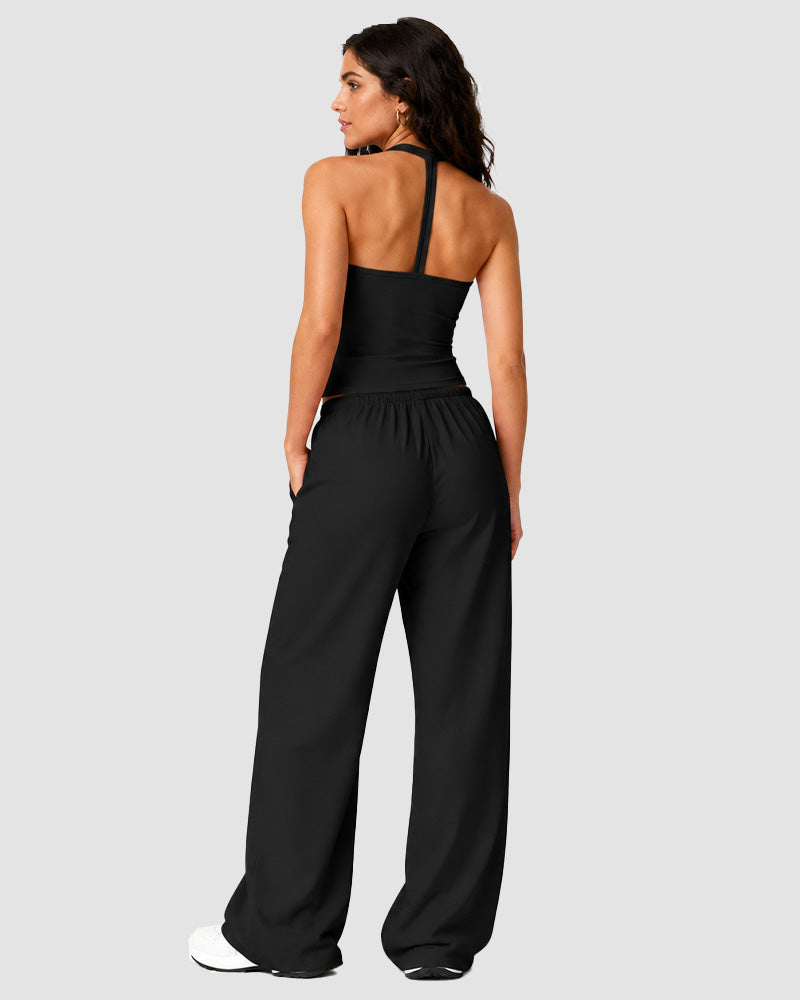 V-Neck Strappy-Back Top & Wide-Leg Pants Set