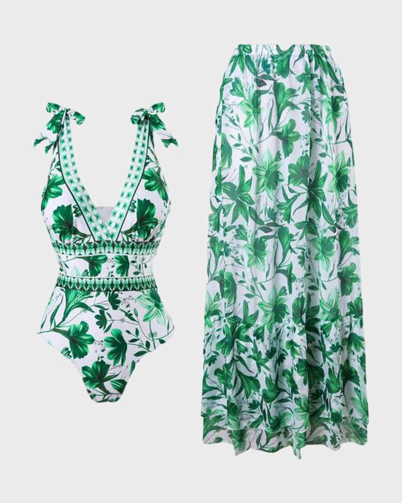 V Neck Lace Up Printed One Piece Swimsuit and Skirt
