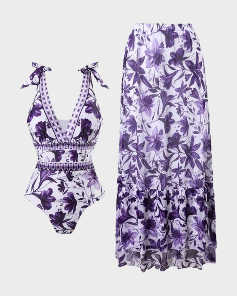 V Neck Lace Up Printed One Piece Swimsuit and Skirt