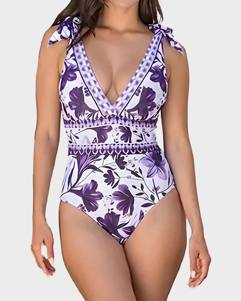 V Neck Lace Up Printed One Piece Swimsuit and Skirt