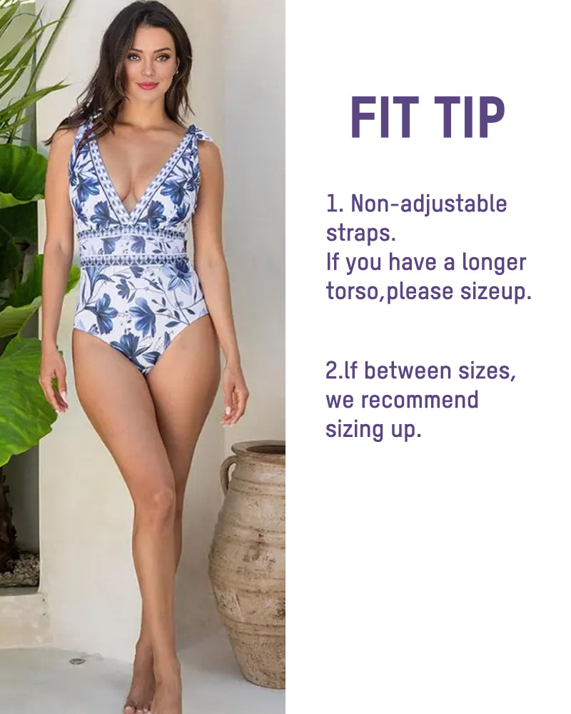V Neck Lace Up Printed One Piece Swimsuit and Skirt