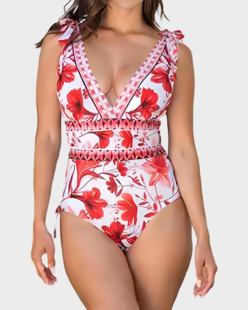 V Neck Lace Up Printed One Piece Swimsuit and Skirt