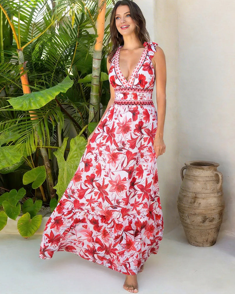 V Neck Lace Up Printed One Piece Swimsuit and Skirt