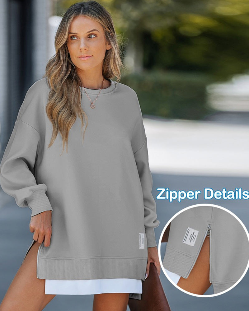 Casual Long Sleeve Zipper Slit Oversized Sweatshirt