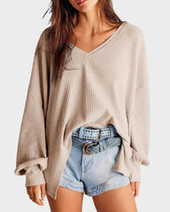 Waffle Knit V-Neck Pullover Top