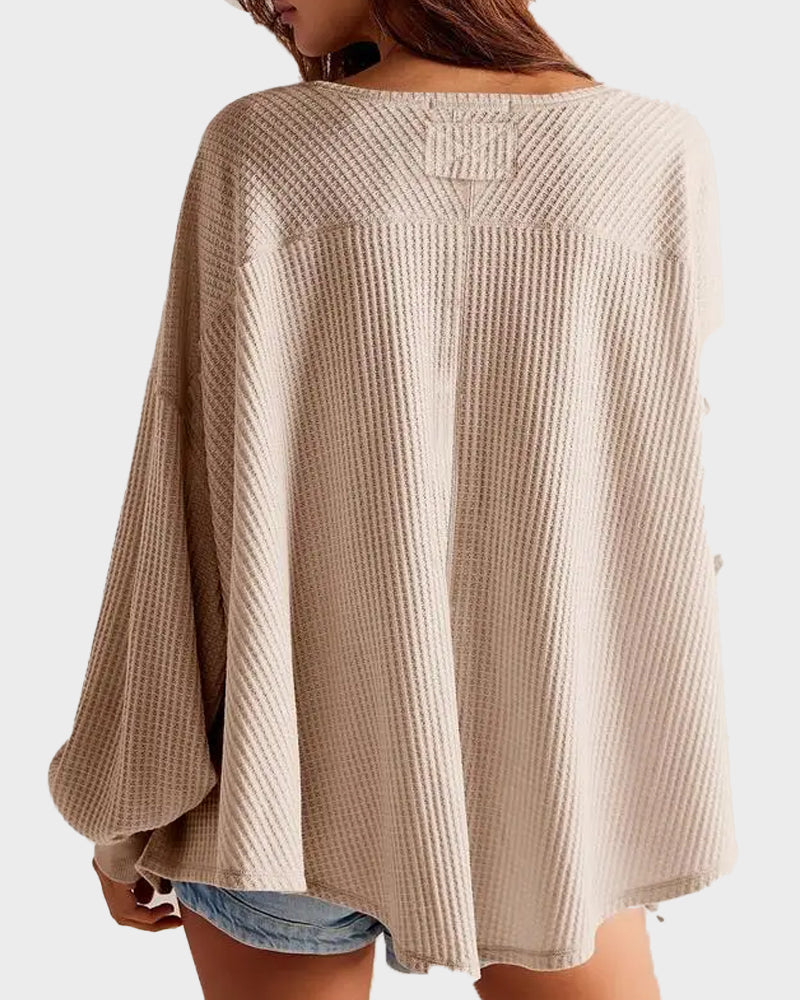 Waffle Knit V-Neck Pullover Top