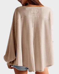 Waffle Knit V-Neck Pullover Top