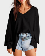 Waffle Knit V-Neck Pullover Top