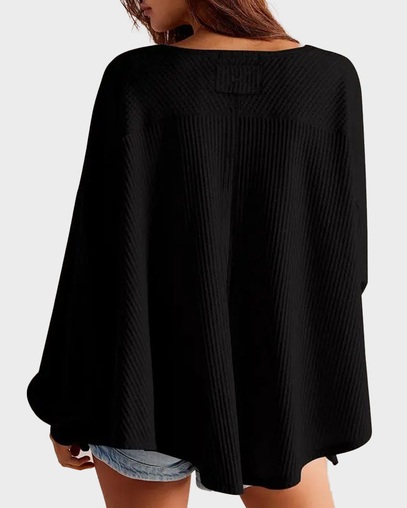 Waffle Knit V-Neck Pullover Top