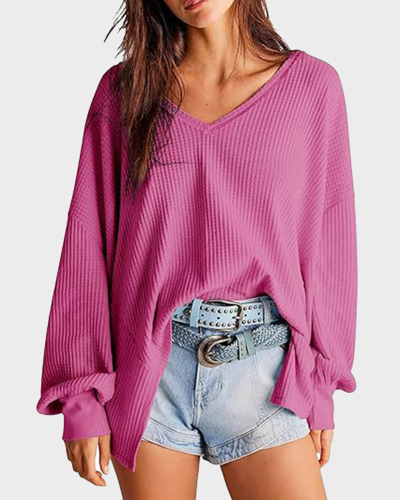 Waffle Knit V-Neck Pullover Top