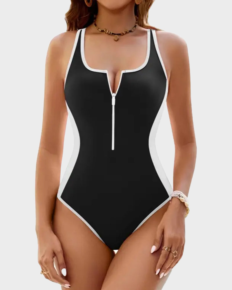 Zip-Front Color Block Tummy Control Swimsuit