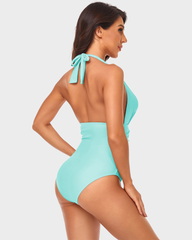 Halter Neck Deep V Ruched One-Piece Swimsuit