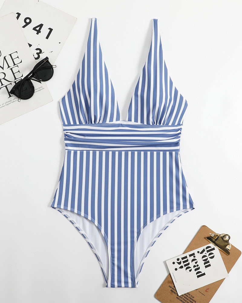 SheCurve® Striped Plunging Neck Swimsuit